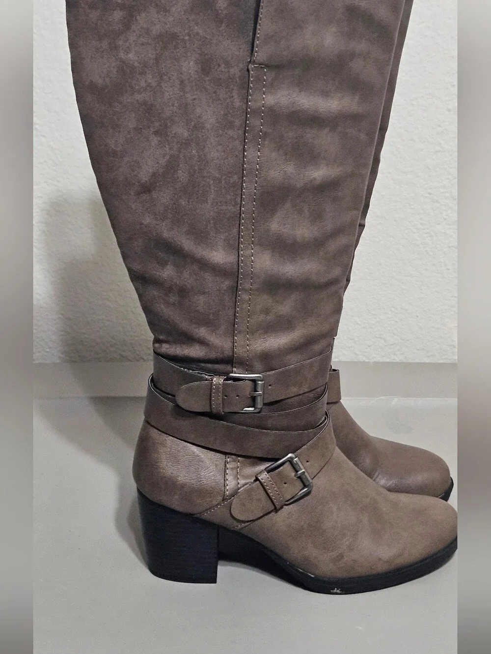 Women's Tall Buckle Strap Boots in Taupe